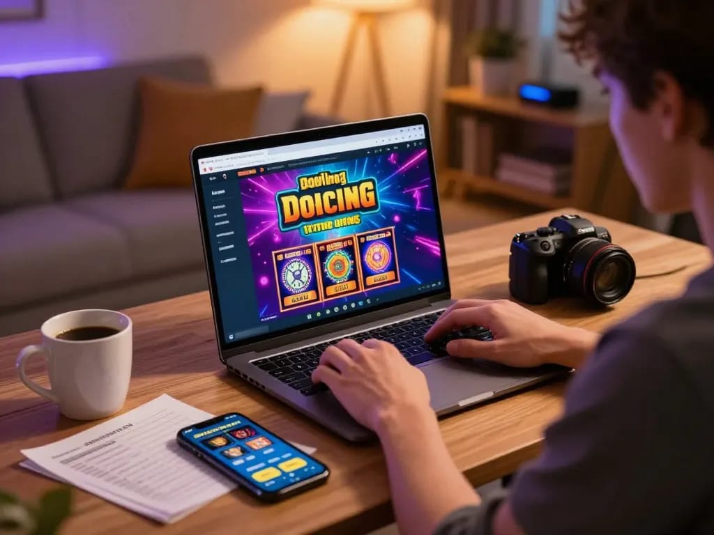 Pemain yang terlibat menikmati permainan slot toto online di meja modern dengan visual yang cerah dan catatan strategi.