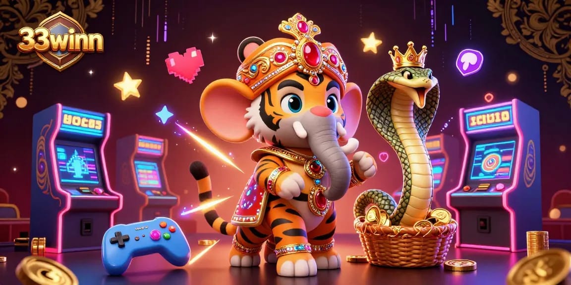 Engage with 33winn in a vibrant 3D casino scene featuring a jeweled elephant and gaming elements.
