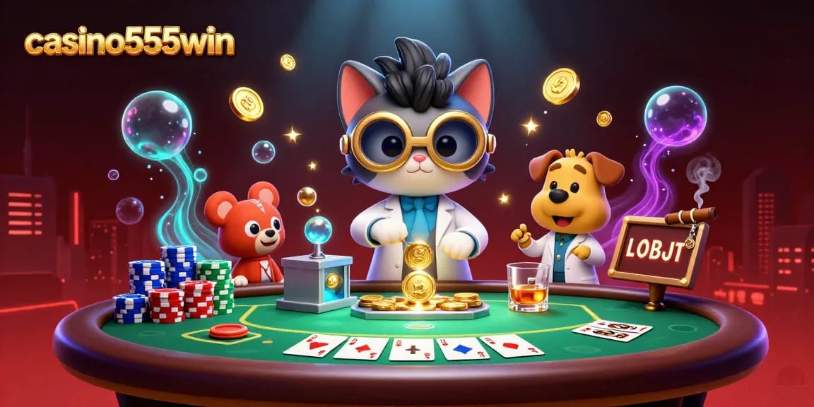 Experience thrilling gameplay at casino555win with a captivating 3D scene of a mad scientist cat and dog in a casino.