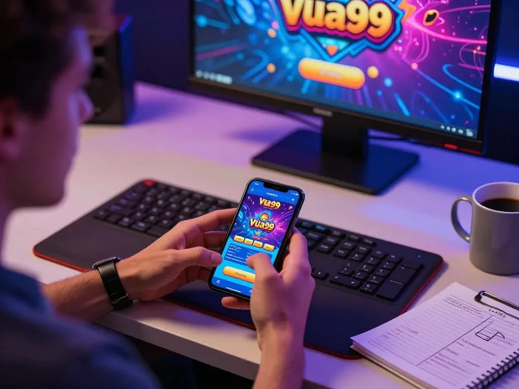 Engaging with vua99 online casino app on smartphone in cozy gaming setup