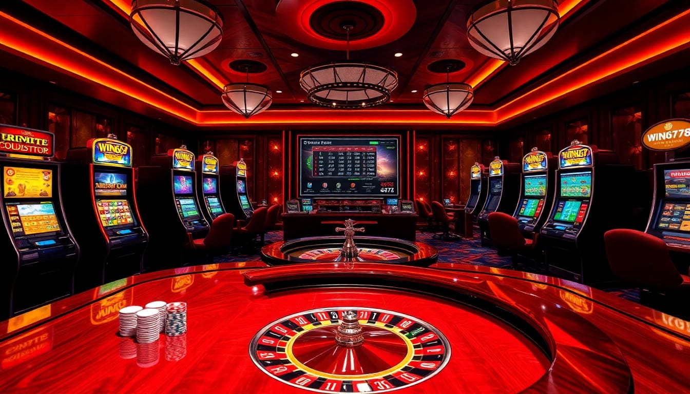 Experience WIN678 excitement with vibrant slots, poker chips, and a thrilling roulette wheel.