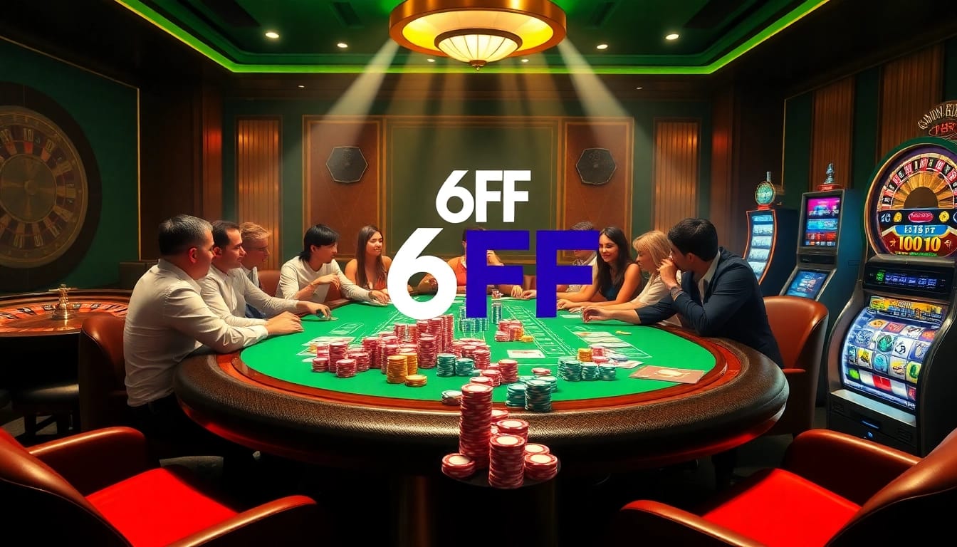 Experience thrilling casino action with 6FF poker chips and cards on a luxurious table.