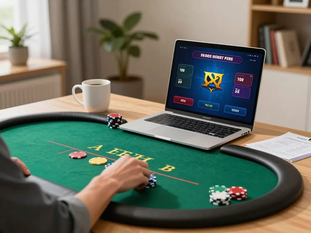 Player engaging in online casino poker action at home with VA88, showcasing strategic gameplay and relaxed atmosphere.