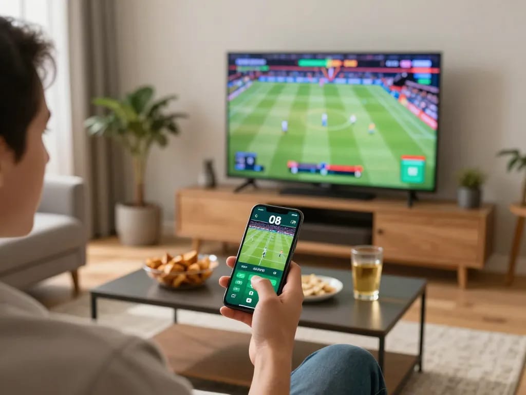 O8 app user strategically placing bets on mobile during live sports event in a cozy setting.