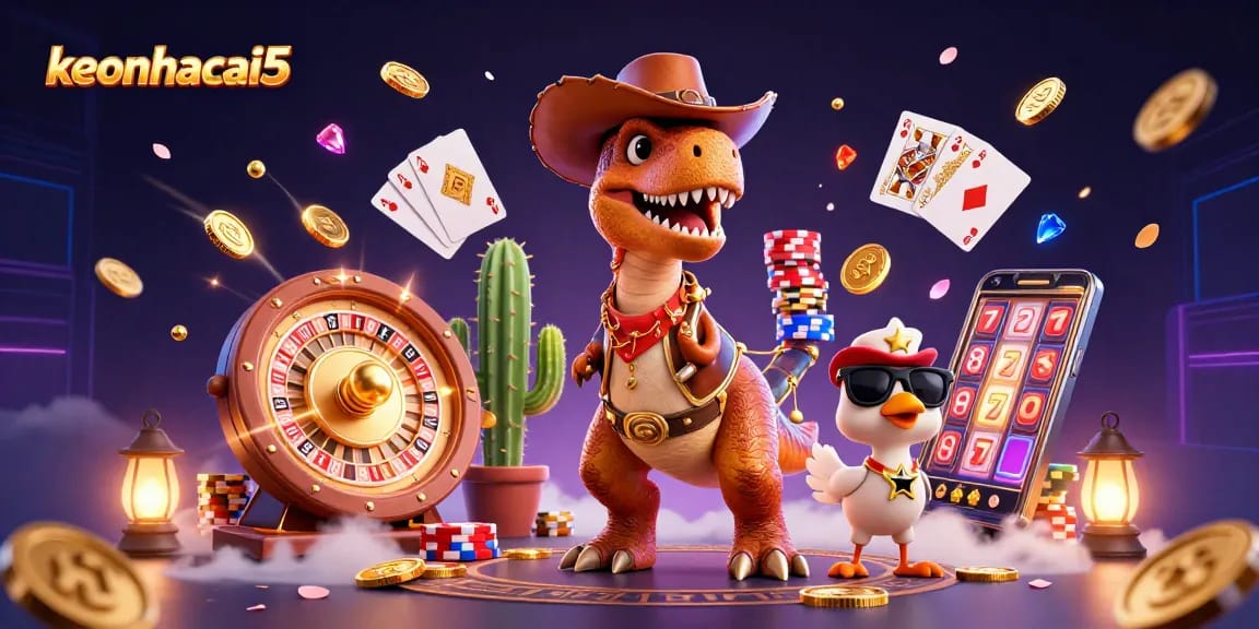 Win big with keonhacai5 – showcasing a vibrant 3D dinosaur cowboy amidst cascading casino elements.