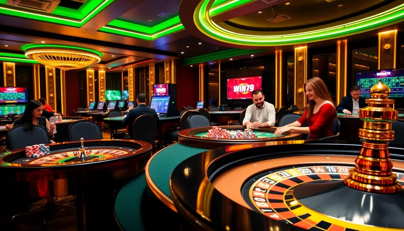Win79 players enjoying a thrilling casino experience with vibrant tables and poker chips.