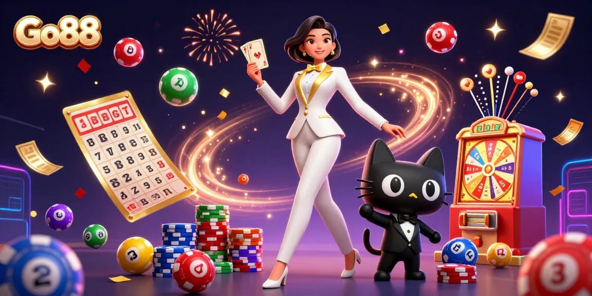 Engage with thrilling games at Go88, featuring a glamorous character shuffling cards amidst vibrant casino elements.