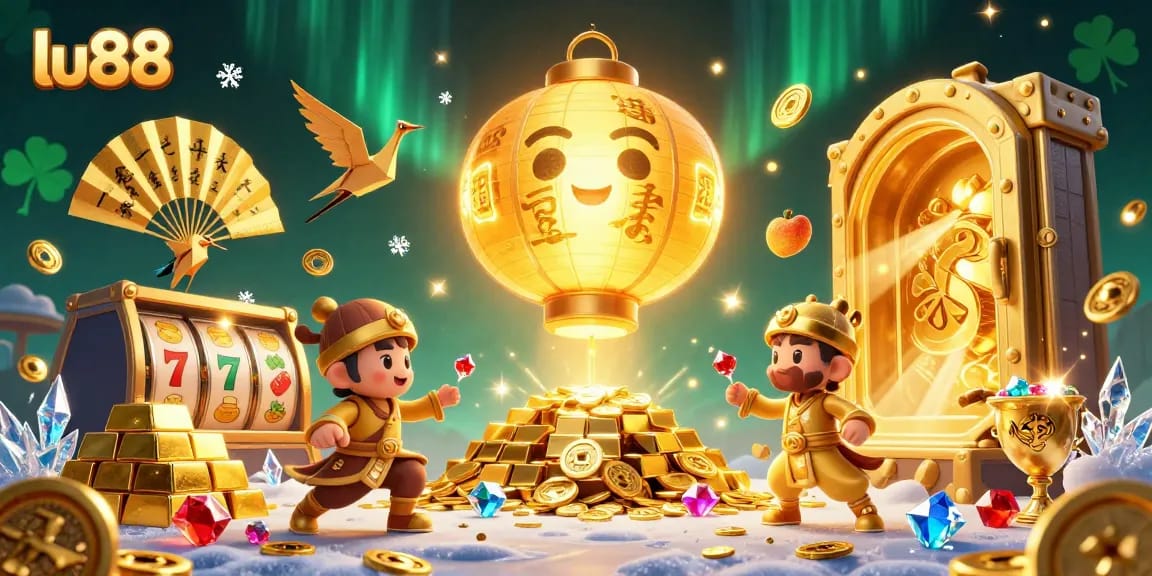 Experience winning jackpots at lu88 with a vibrant 3D casino scene filled with treasures and slot elements.