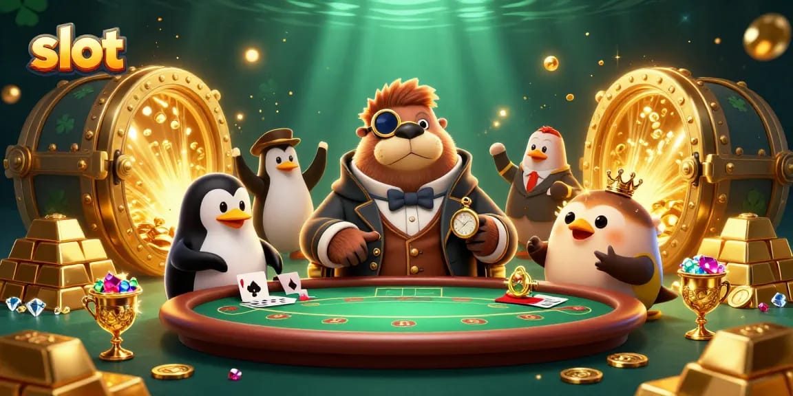 Play exciting slot games with a jolly walrus at an underwater poker table in this vibrant 3D illustration.