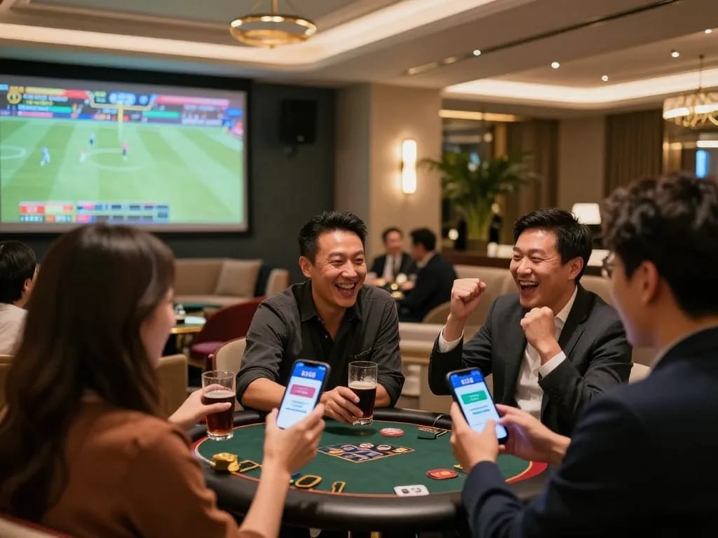 Friends celebrating a win while using the BJ88 betting app in a lively sports lounge
