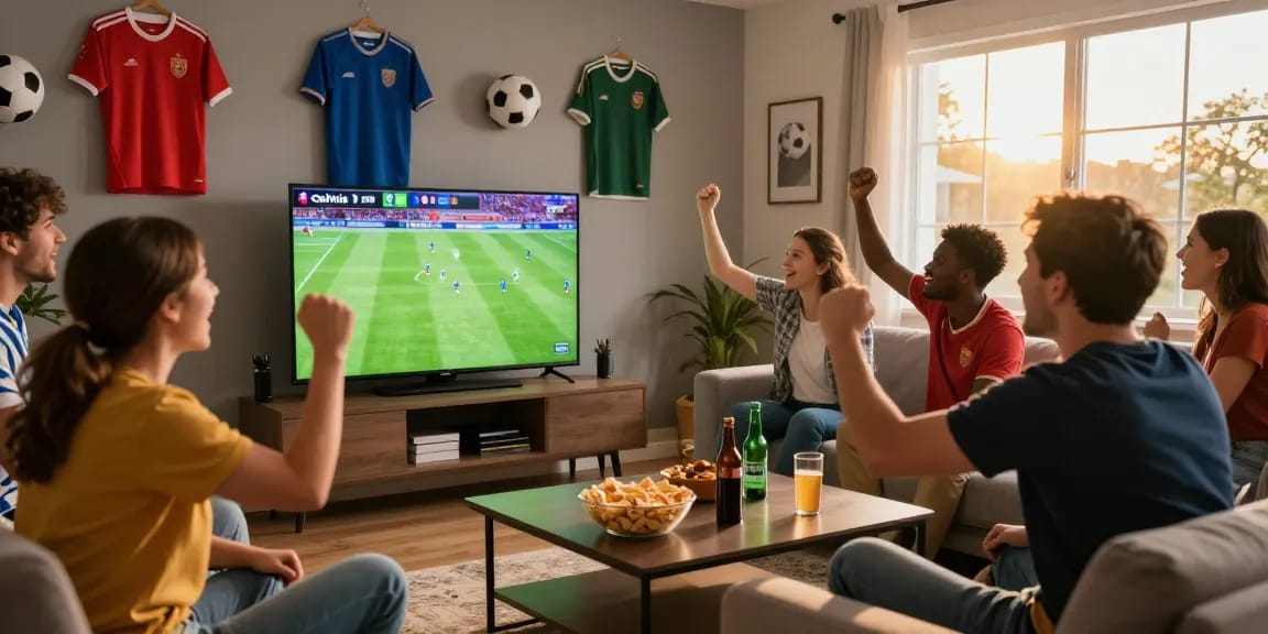 CakhiaTV football match viewing with friends and snacks in a cozy setting.