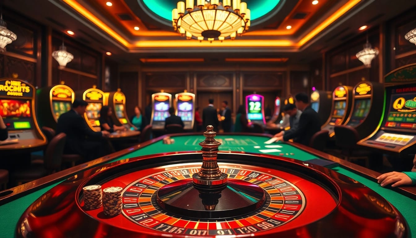 Tỷ lệ nhà cái showcased in an exciting casino environment featuring roulette, poker chips, and slot machines.