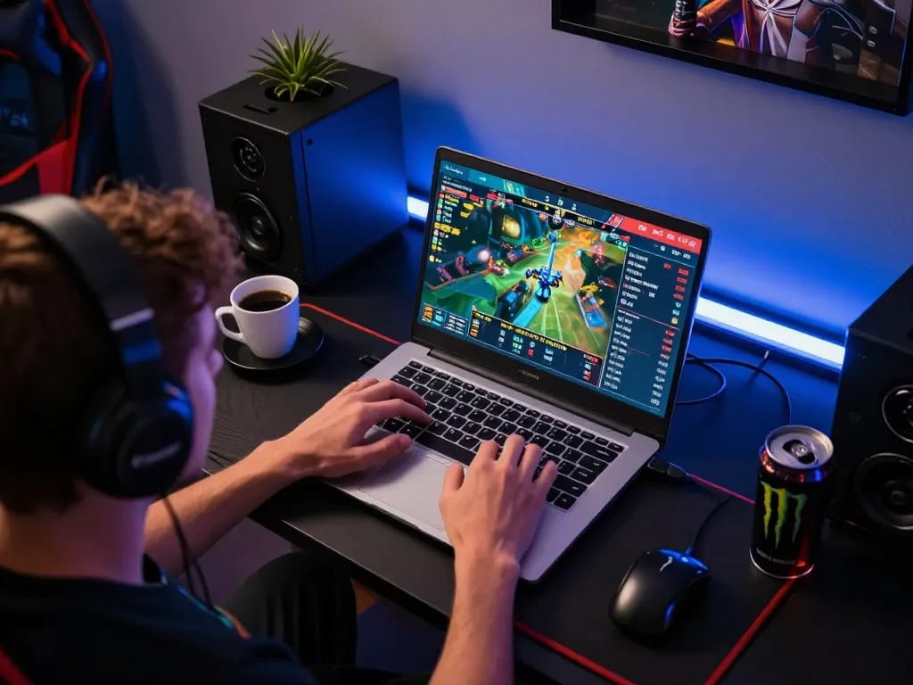 LC88 player engaging in esports betting on laptop with dynamic odds and vibrant setup.