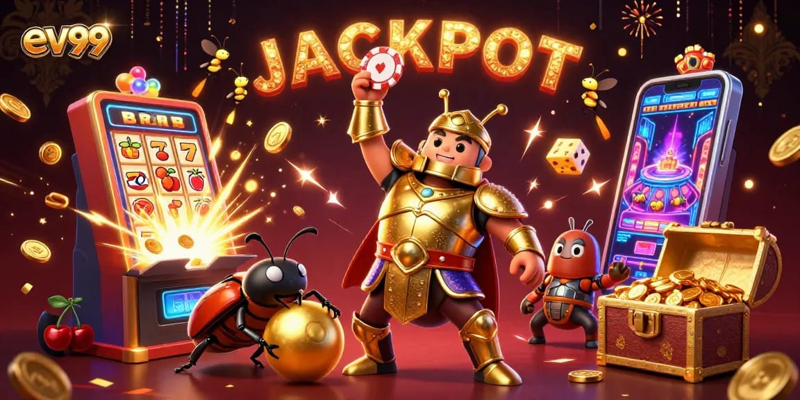 ev99 celebrates jackpot with a golden beetle lifting a poker chip amid vibrant casino elements.