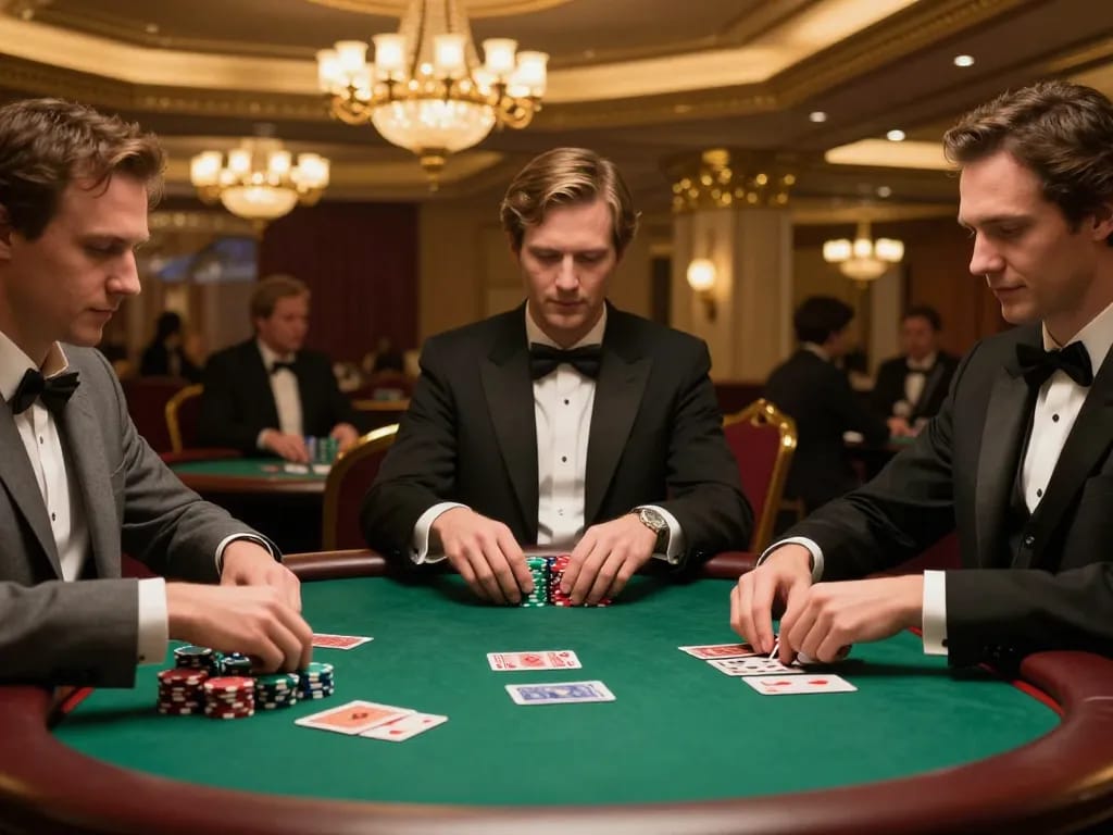 O8 players engaging in high-stakes poker game at an elegant table in a vibrant casino.