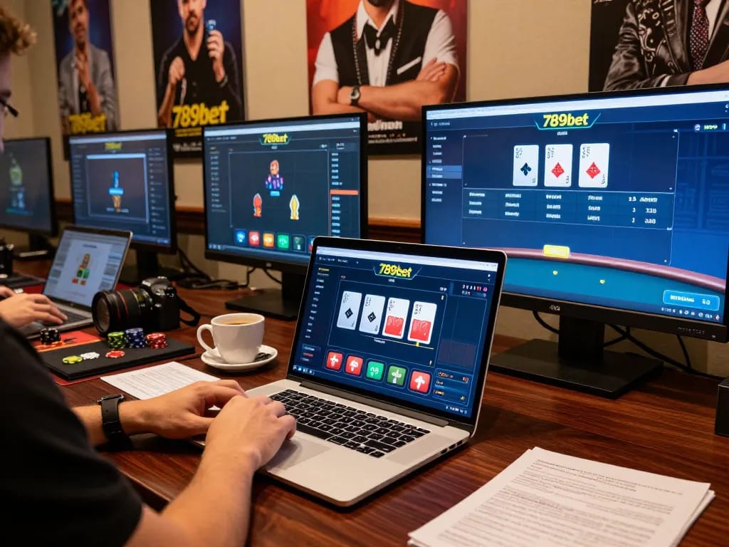 Players strategizing online poker with 789bet on multiple screens in a professional gaming setup
