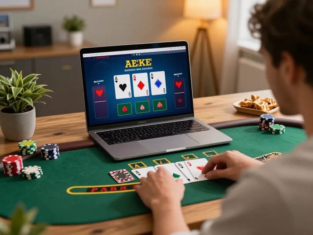Engaging in blackjack gameplay at home through fabet online casino.