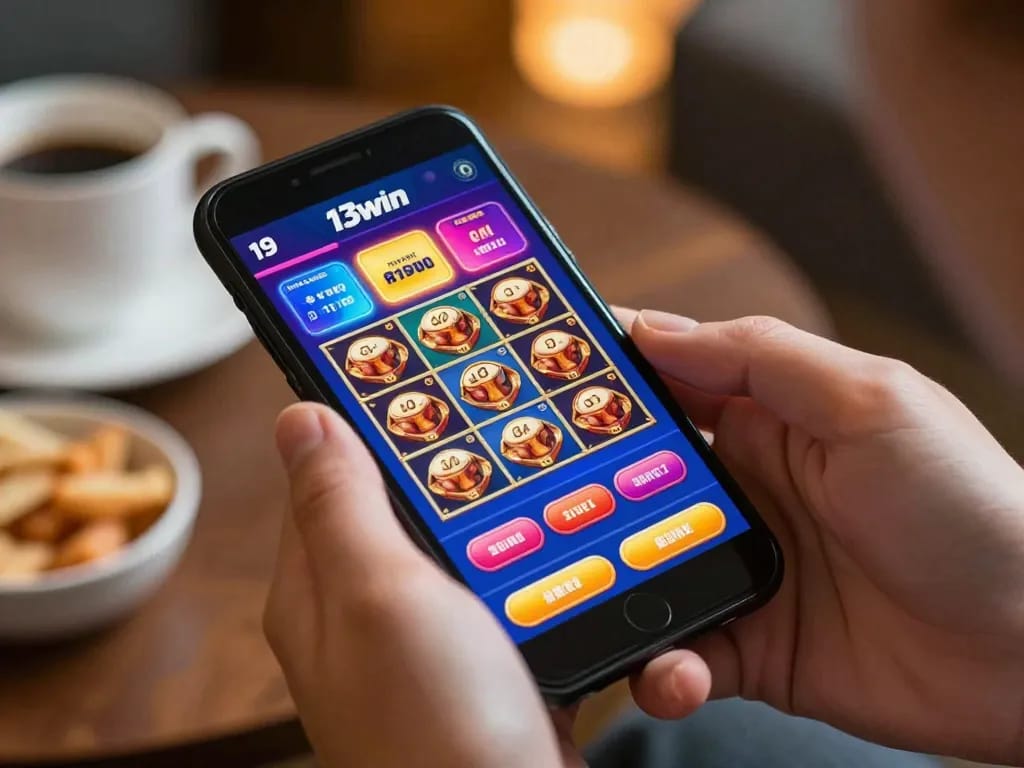 Playing 13win casino games on a smartphone, showcasing vibrant game interface and personal gaming setup.