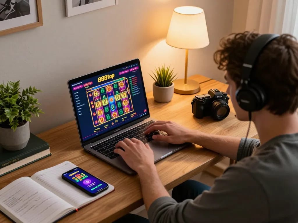 Engaging online gaming scene at 888top with player focused on laptop, showcasing vibrant slot graphics.