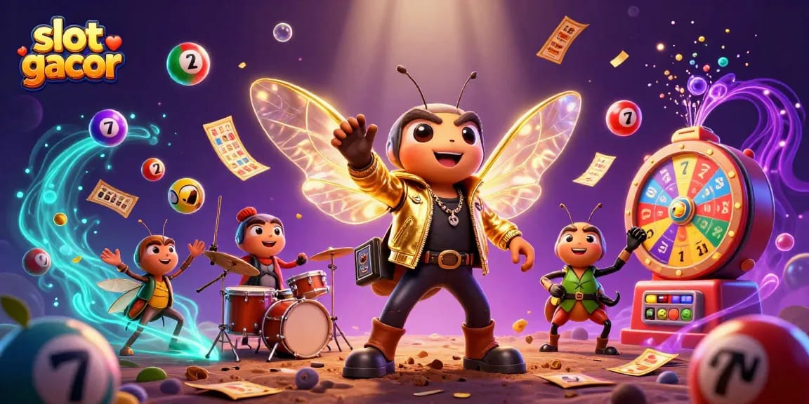 Experience slot gacor with a vibrant 3D illustration featuring a rock star cicada and dynamic gaming elements.