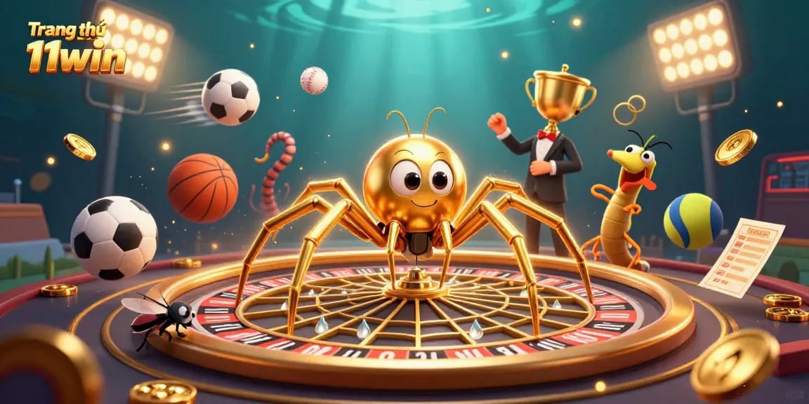 Experience thrilling action with Trang chủ 11win's vibrant casino scene featuring a roulette wheel and sports elements.