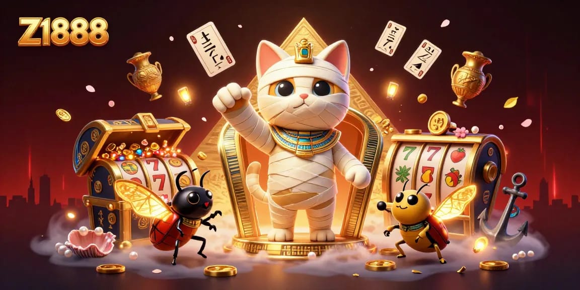 Z1888 casino scene with a mummy cat and glowing scarab, showcasing exciting slot game elements.