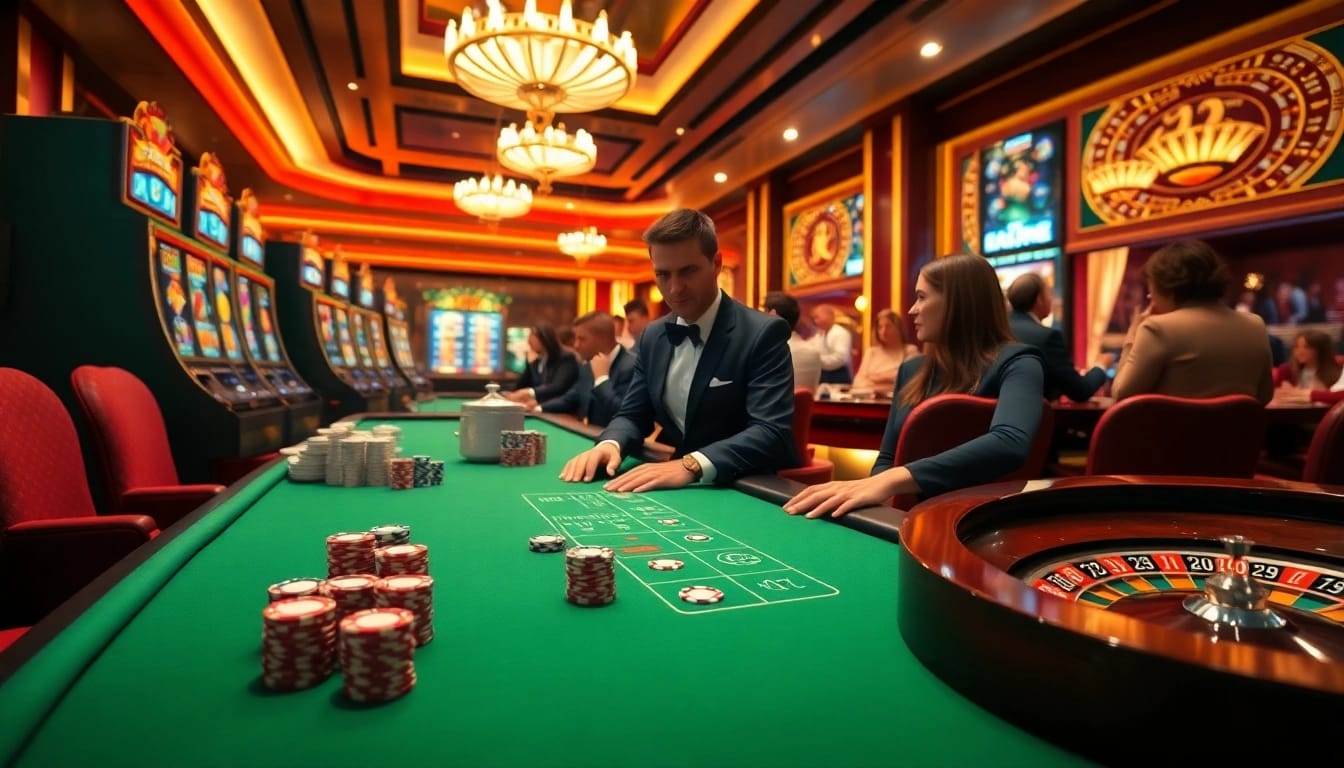 Experience the excitement of Trang chủ 9BET with lively casino scenes capturing vibrant poker tables and slot machines.