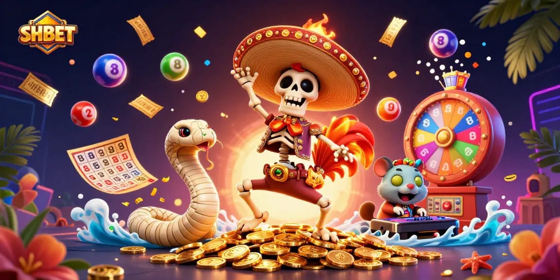 SHBET showcases vibrant gaming elements in a 3D illustration filled with lottery balls and golden prizes.
