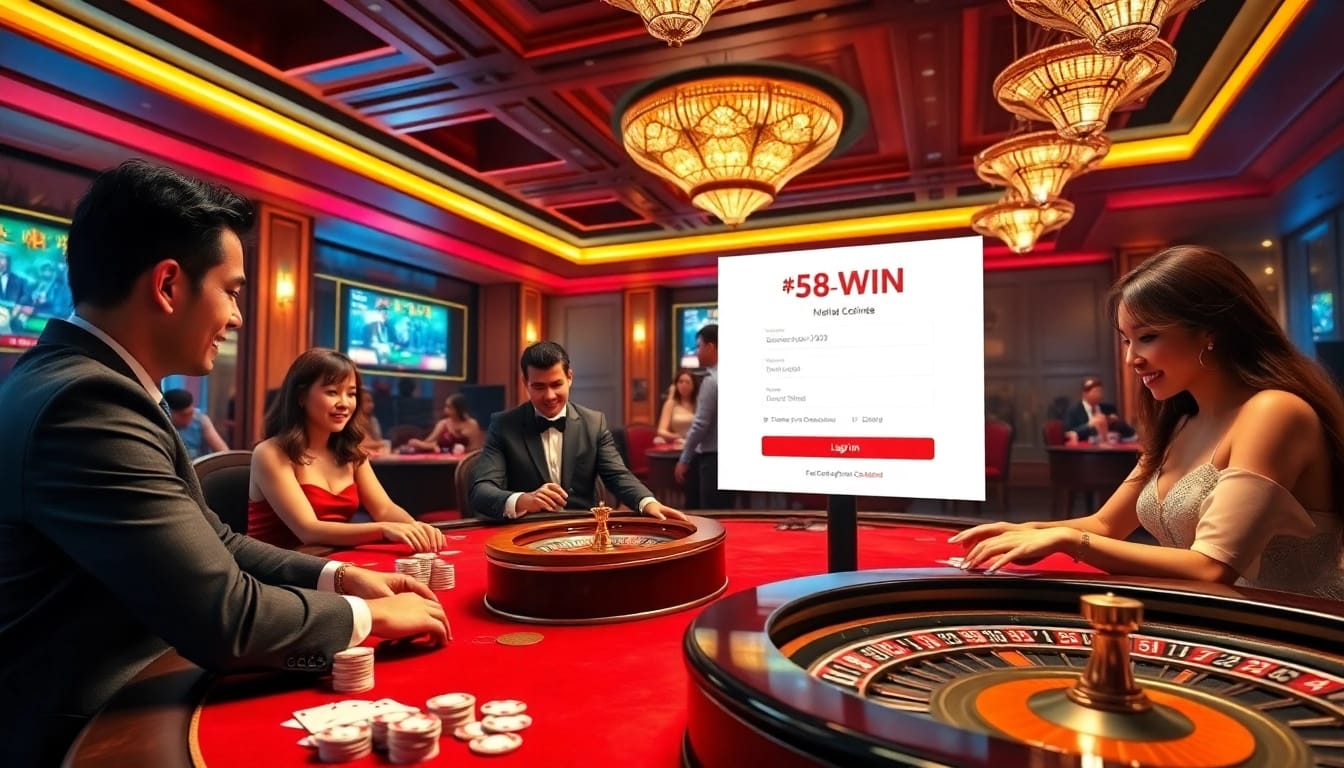 Login to 58win com securely while immersed in a luxurious casino gaming atmosphere.
