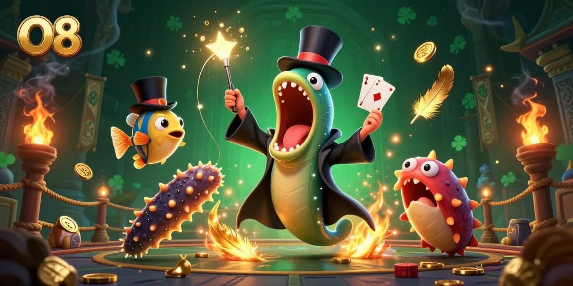 Experience the thrill of O8 with a magical underwater casino scene filled with vibrant characters and rich gambling elements.