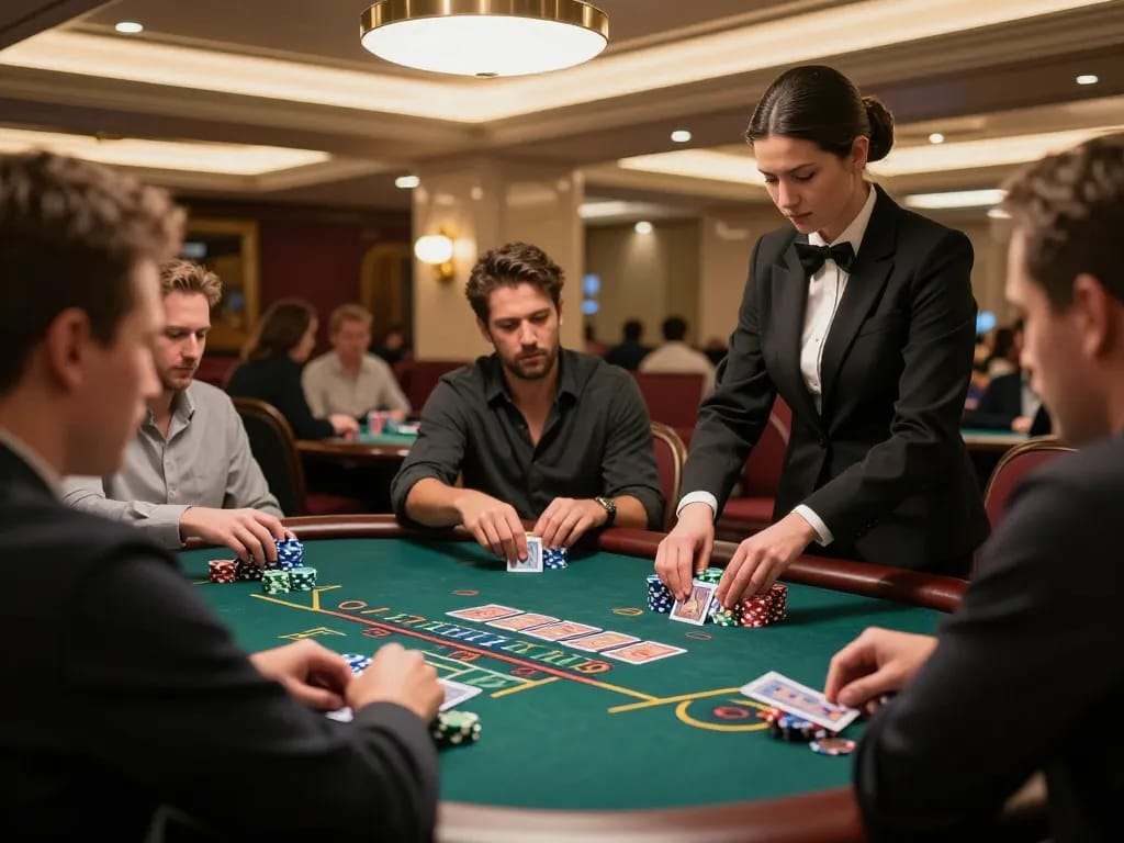TR88 blackjack table action with engaged players and professional dealer in a sophisticated casino setting.