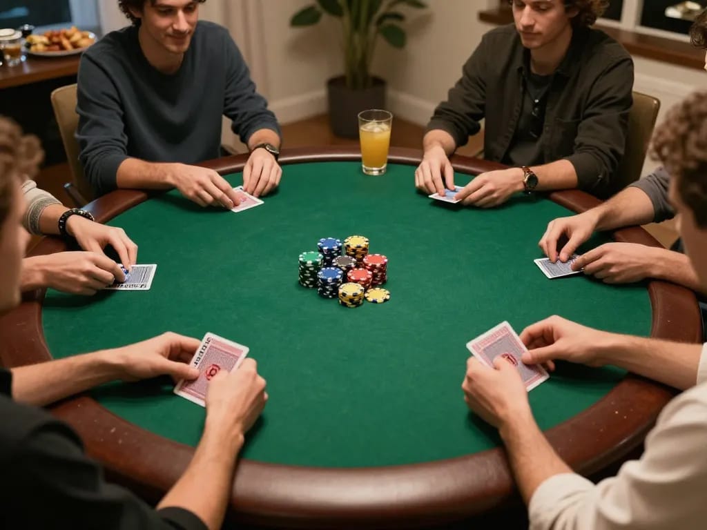 Players engaging in a competitive poker game at home, showcasing luck8biz strategic gameplay and social ambiance.