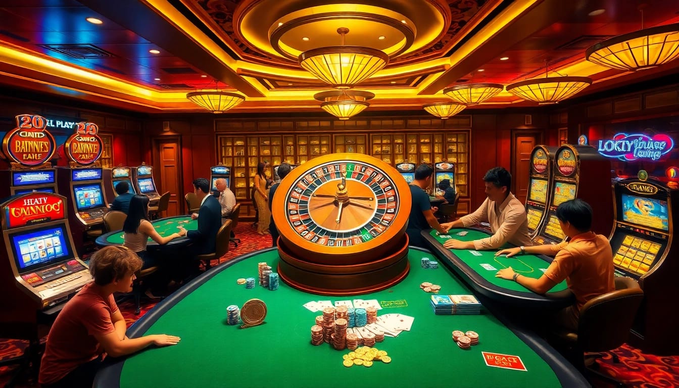 Exciting gambling scene at nhà cái lucky88 featuring a roulette wheel and poker table.