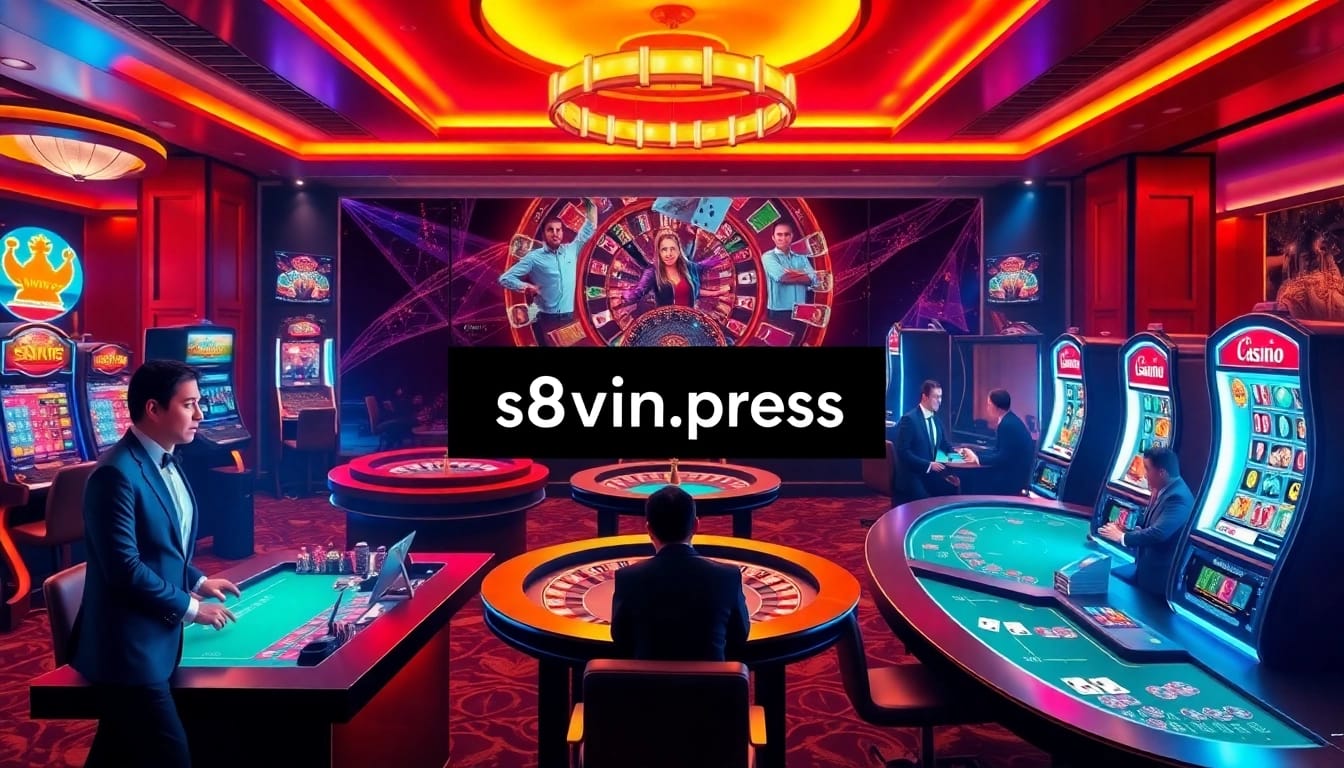 A vibrant online casino scene showcasing roulette, poker, and slot machines at s8vn.press.