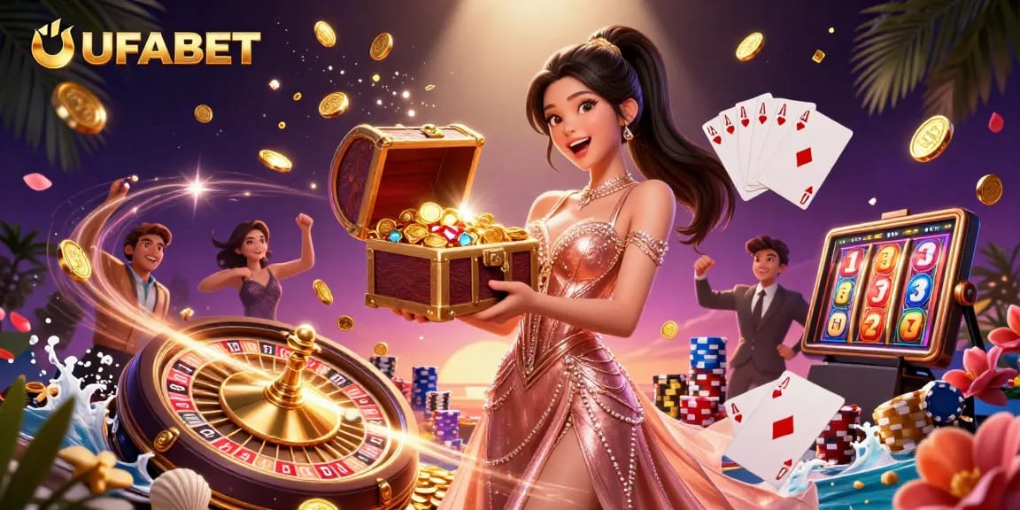 Join the excitement at UFABET with stunning online gaming, showcasing jackpot treasures, dynamic slots, and vibrant casino elements.