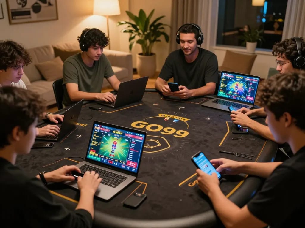 Players enjoying GO99 online gaming on smartphones and laptops in a modern home