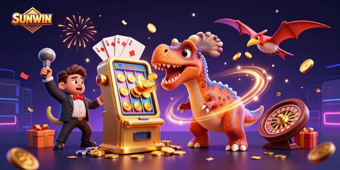 SUNWIN casino illustration featuring playful dinosaurs interacting with a golden slot machine amidst a dynamic casino scene