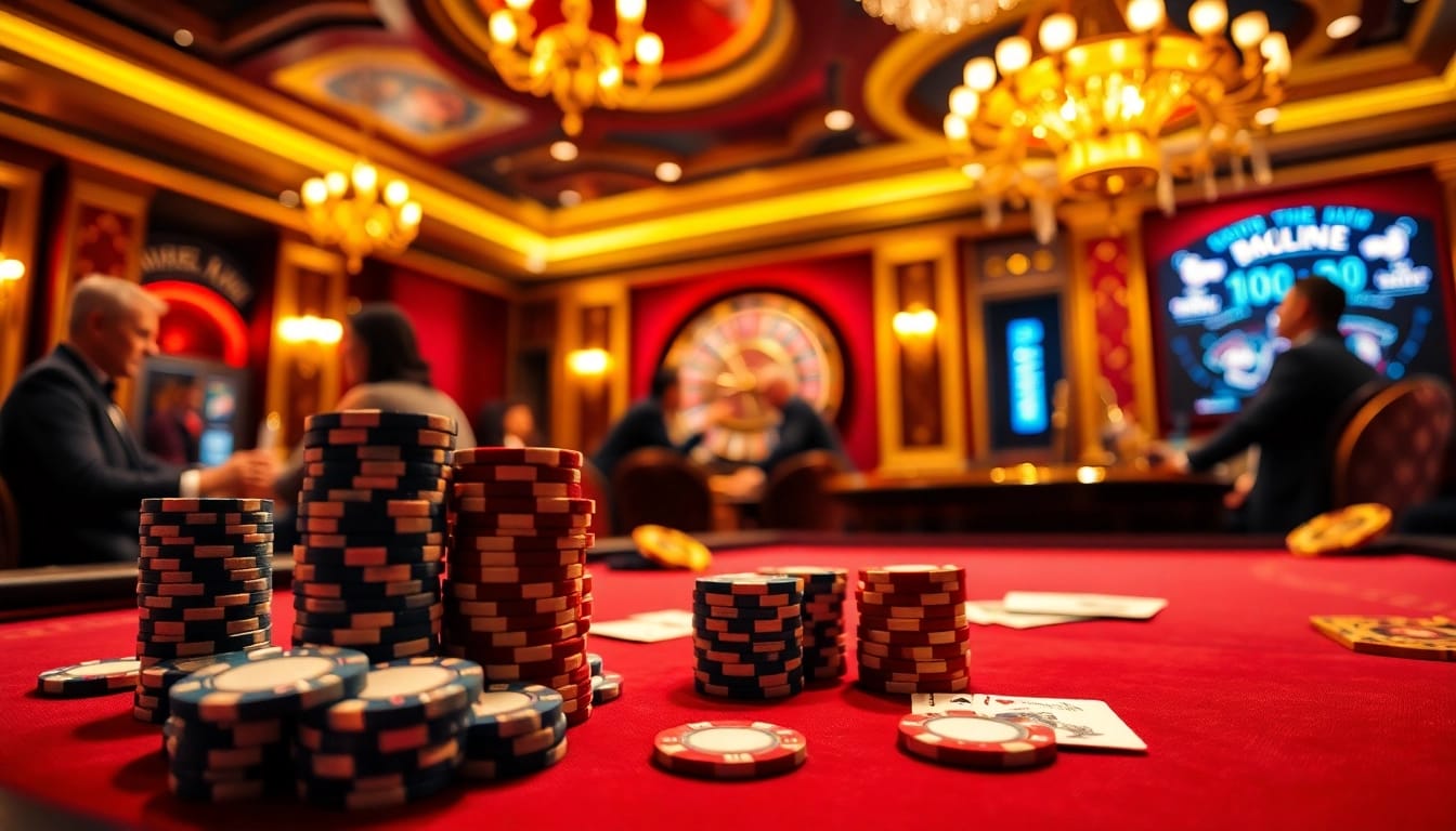 Players at a luxurious poker table with chips and cards representing the excitement of oxbet7.com.