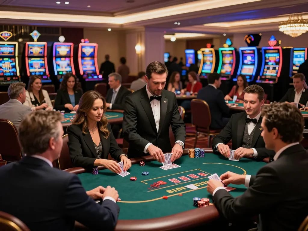 kp88 players enjoying poker at an upscale casino, vibrant atmosphere with engaging gameplay.
