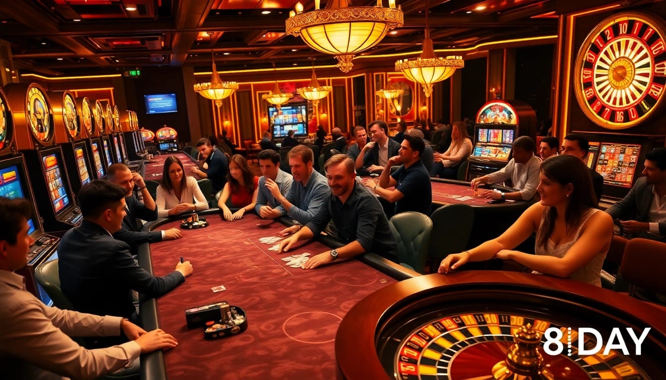 8DAY casino scene showcasing luxury poker tables and excited players winning big.