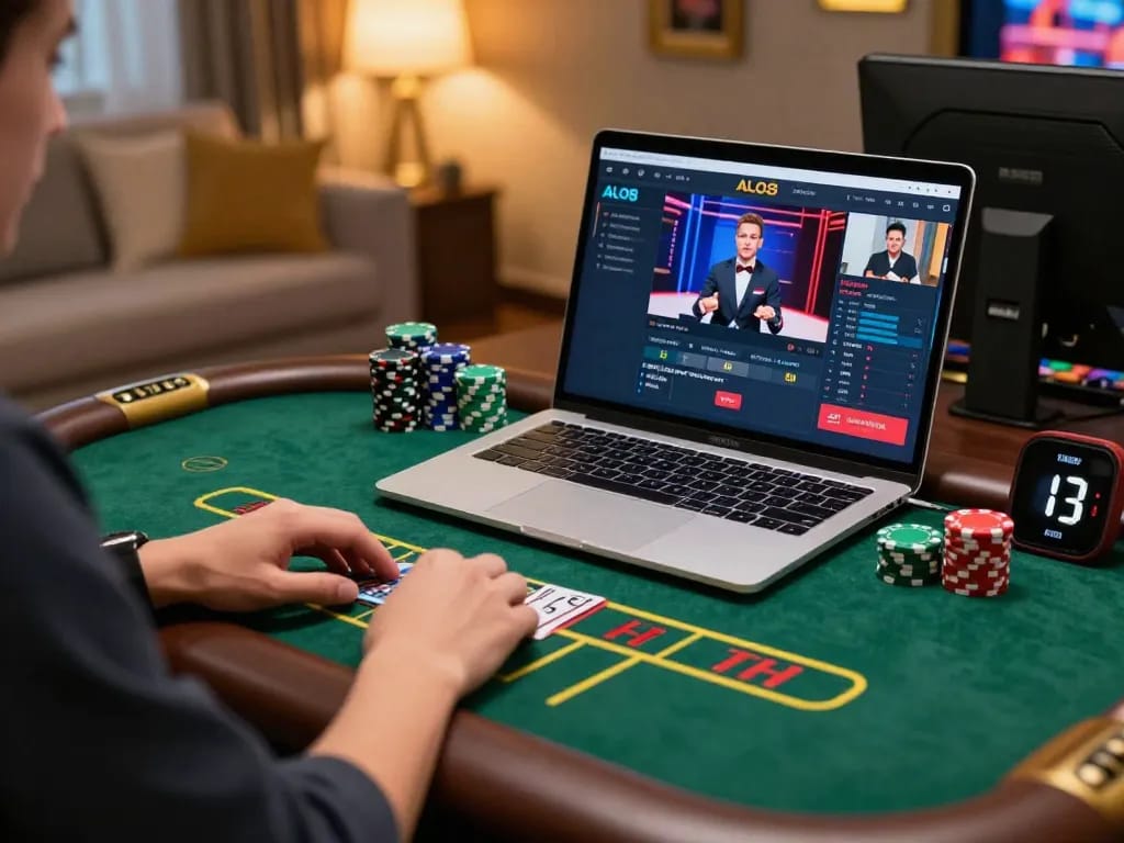 Player enjoying ALO8 online casino gaming experience on a stylish laptop at home with colorful chips visible.