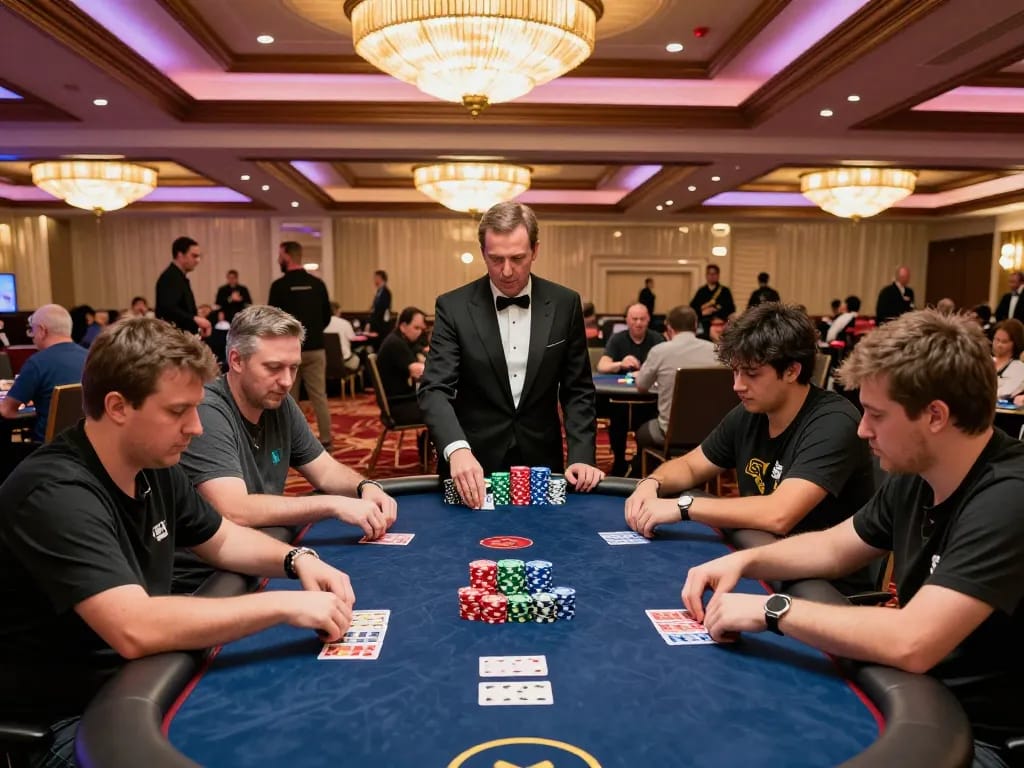 Players engaging in competitive poker at Vegas casino, showcasing fly88 strategy and focus.