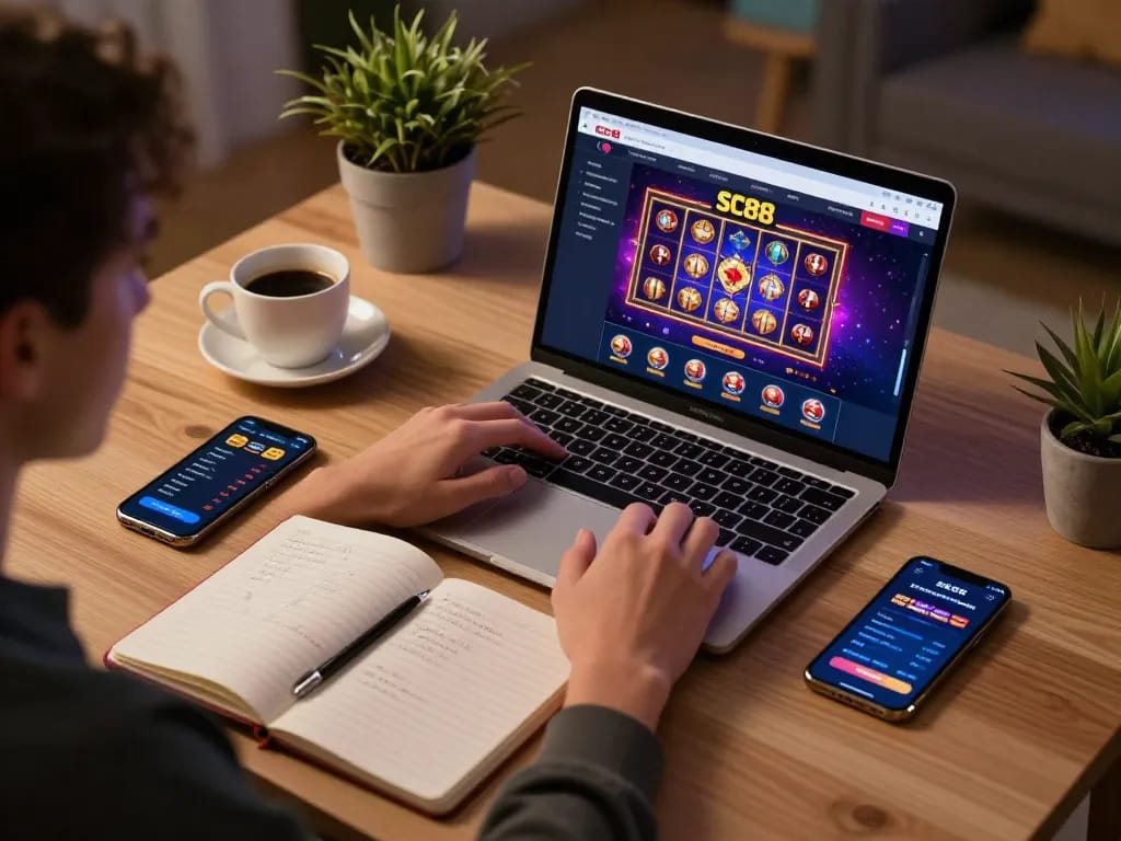 Engaged player using SC88 online casino interface on laptop, with vibrant gaming elements and cozy workspace.