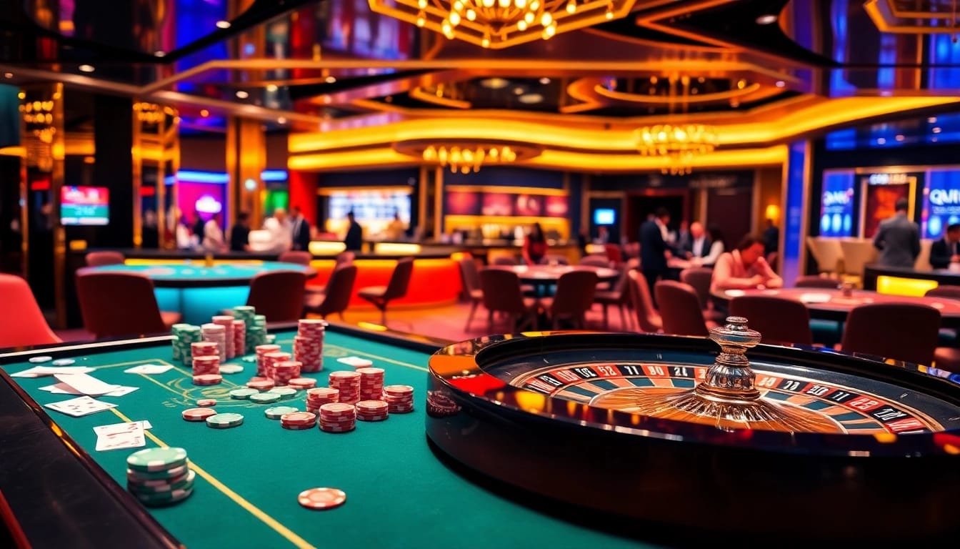Experience thrilling gameplay at QQ88 with vibrant casino tables and cards.