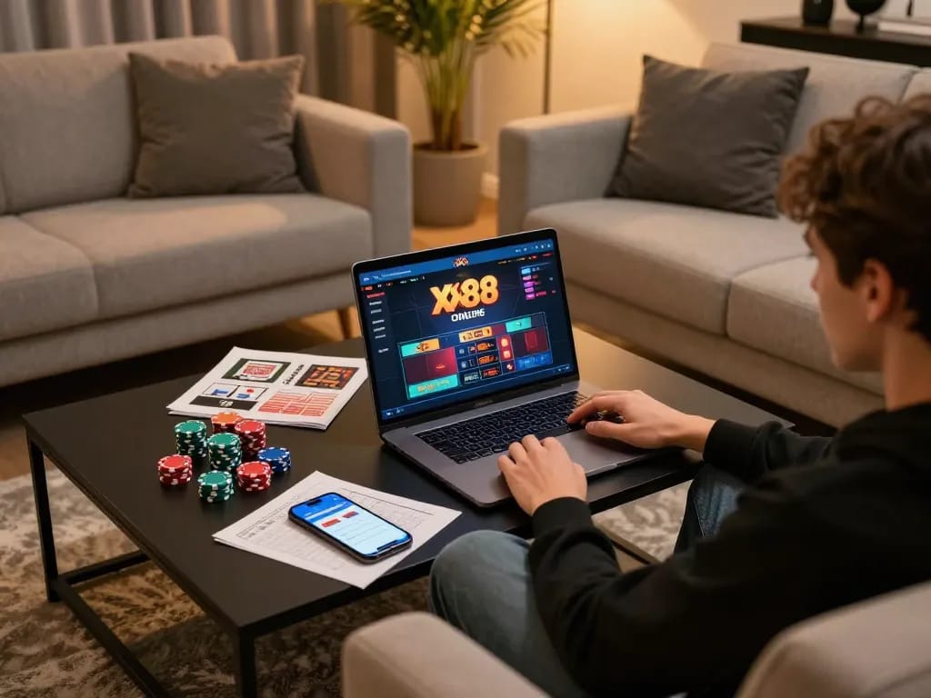 Player strategizing with XX88 platform on a cozy home gaming setup