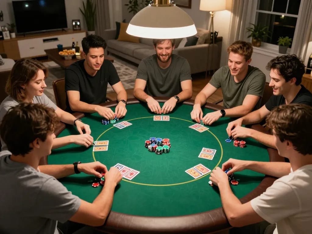 Friends enjoy a lively poker night at home, showcasing the hd88 gaming experience with laughter and strategy.