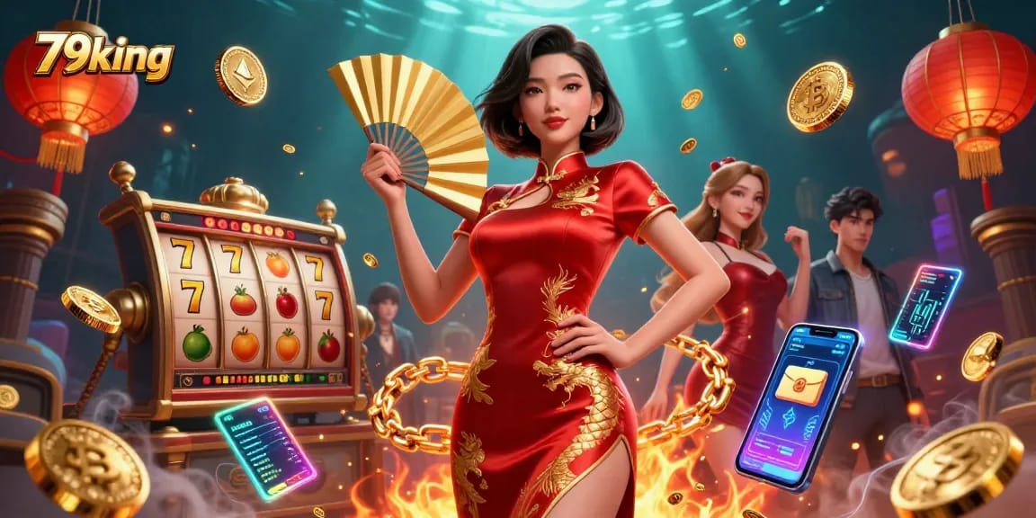 Engage in exciting game action with 79king's vibrant, high-energy casino illustration featuring lively slots and rich bonuses.