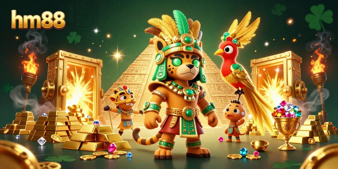 Engage with the thrilling world of hm88 through a vibrant 3D casino illustration filled with golden treasures and dynamic characters.