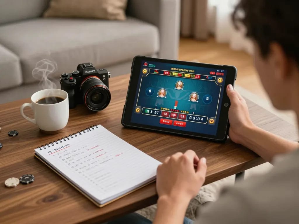 Engaging online gaming session at home with medi-pharmacompany interface, showcasing vibrant tablet display and strategic notes.