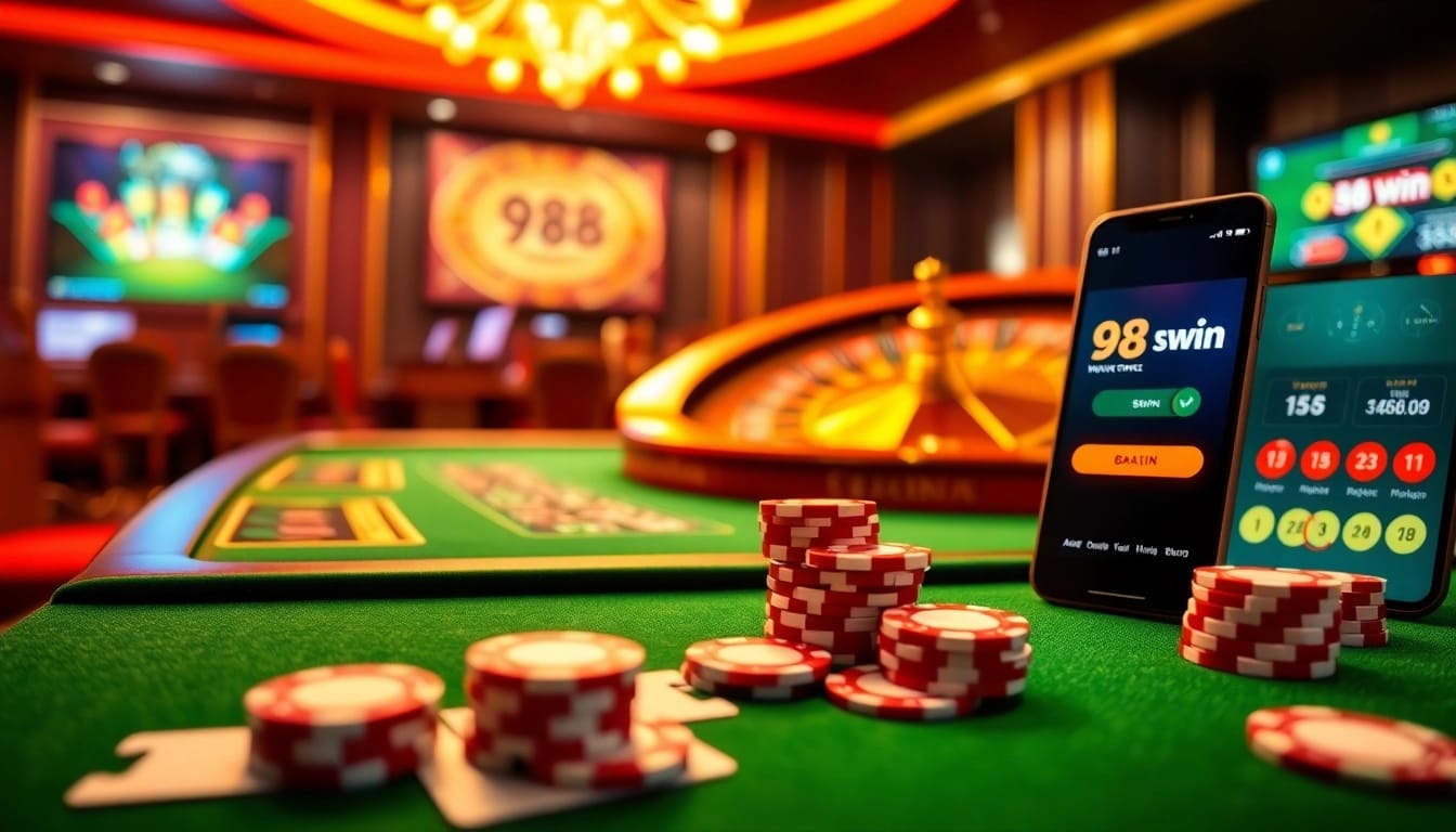 Catching the excitement of 98win as players engage at a luxury casino table with chips and cards.